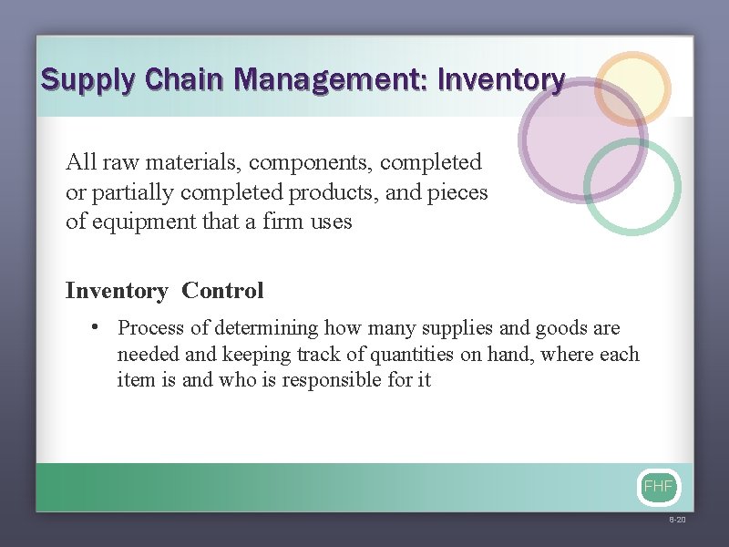 Supply Chain Management: Inventory All raw materials, components, completed or partially completed products, and