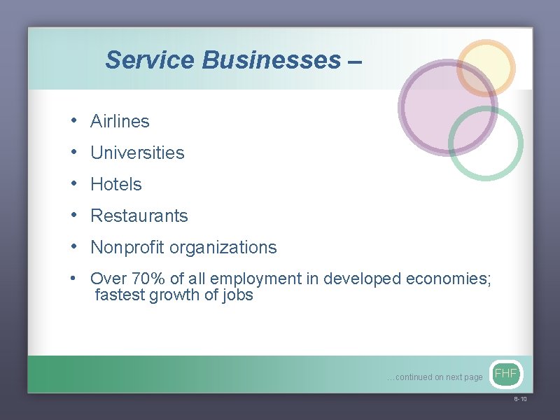 Service Businesses – • Airlines • Universities • Hotels • Restaurants • Nonprofit organizations