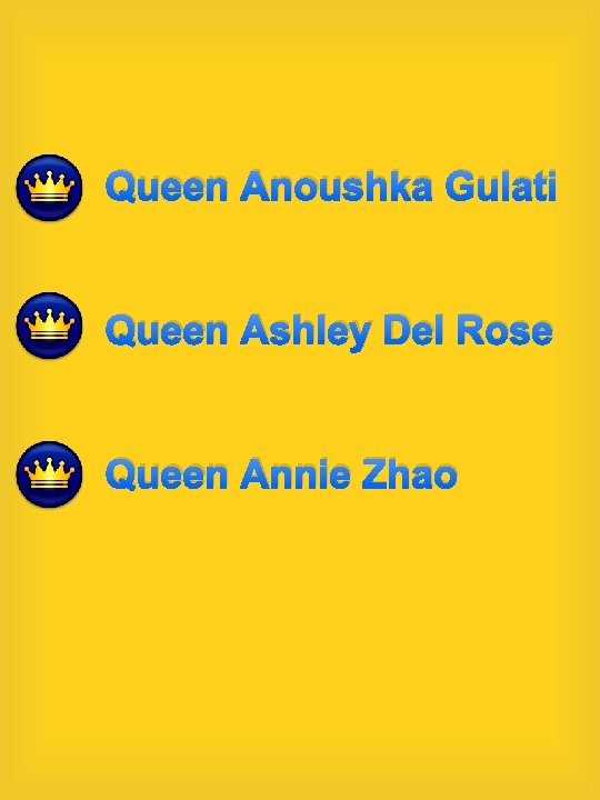 Queen Anoushka Gulati Queen Ashley Del Rose Queen Annie Zhao 