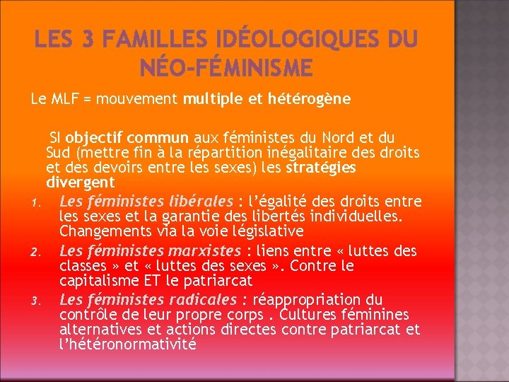 LES 3 FAMILLES IDÉOLOGIQUES DU NÉO-FÉMINISME Le MLF = mouvement multiple et hétérogène SI