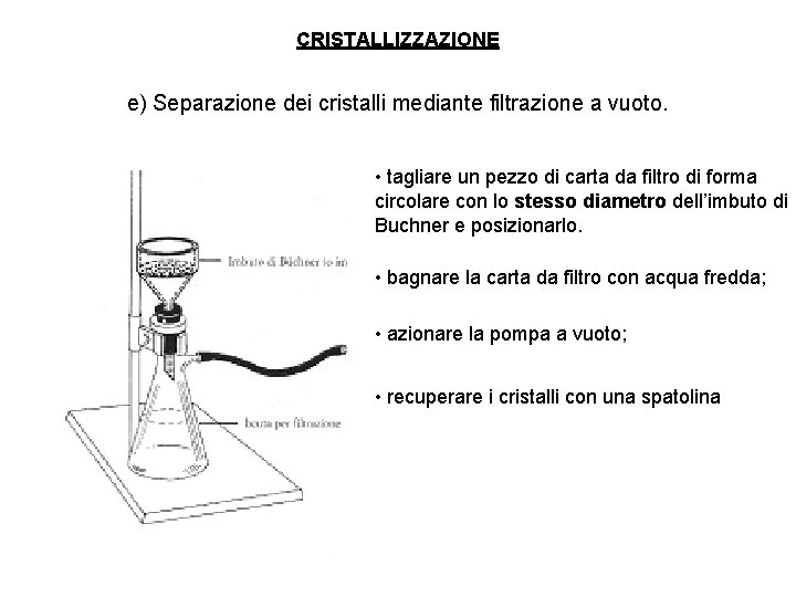 CRISTALLIZZAZIONE e) Separazione dei cristalli mediante filtrazione a vuoto. • tagliare un pezzo di