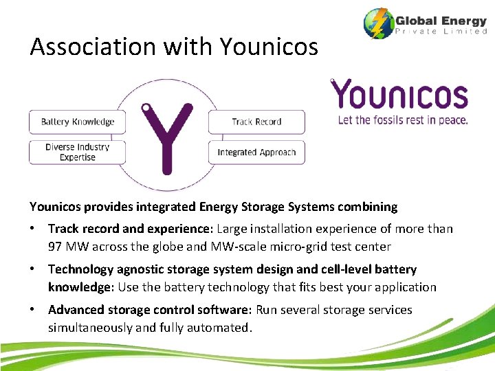 Association with Younicos provides integrated Energy Storage Systems combining • Track record and experience:
