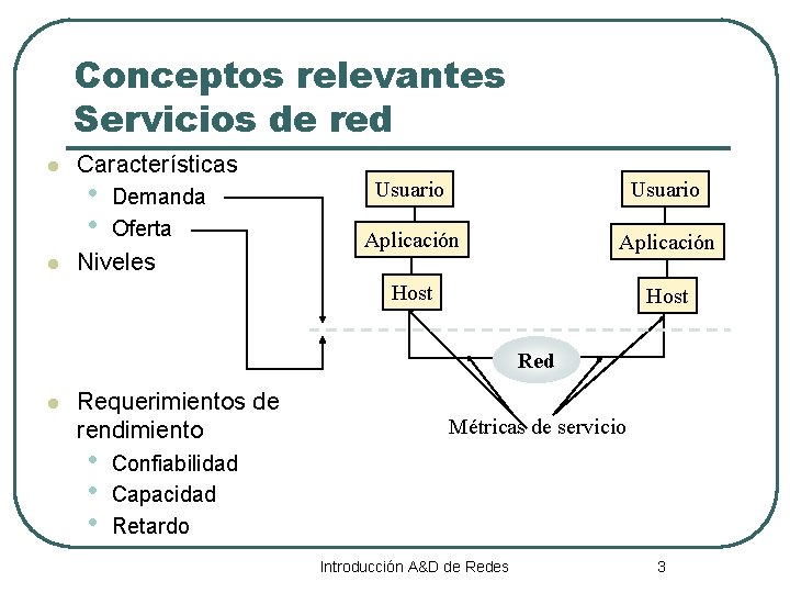 Conceptos relevantes Servicios de red l l Características • • Demanda Oferta Niveles Usuario