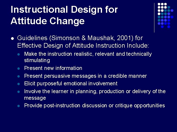 Instructional Design for Attitude Change l Guidelines (Simonson & Maushak, 2001) for Effective Design