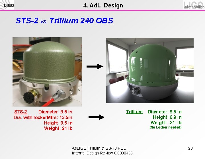 4. Ad. L Design STS-2 vs. Trillium 240 OBS STS-2 Diameter: 9. 5 in