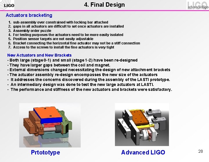 4. Final Design Actuators bracketing 1. sub-assembly over constrained with locking bar attached 2.