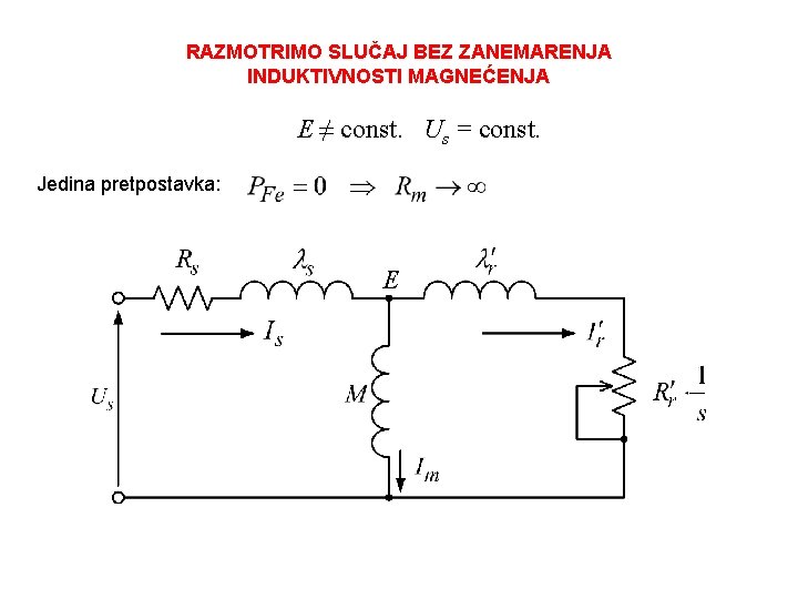 RAZMOTRIMO SLUČAJ BEZ ZANEMARENJA INDUKTIVNOSTI MAGNEĆENJA E ≠ const. Us = const. Jedina pretpostavka: