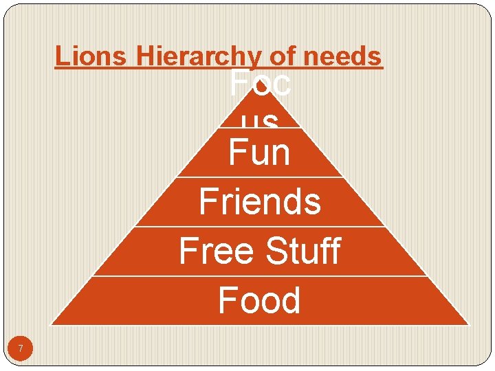 Lions Hierarchy of needs Foc us Fun Friends Free Stuff Food 7 