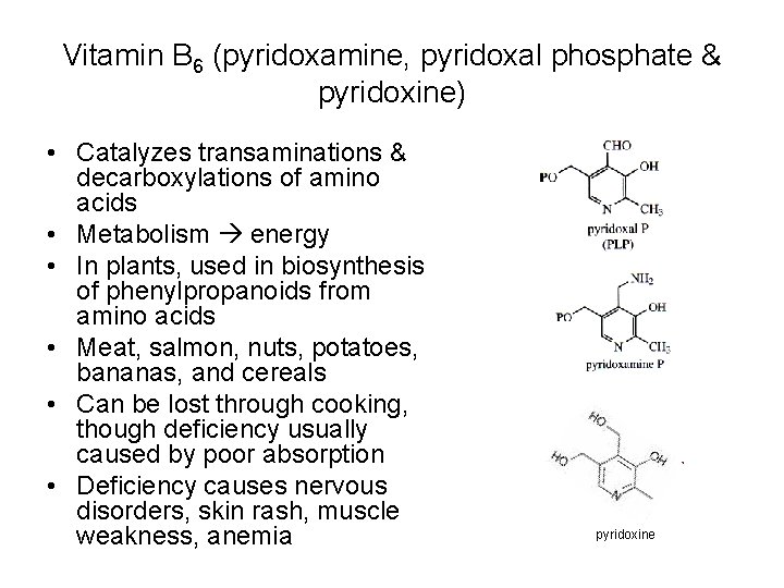 Vitamin B 6 (pyridoxamine, pyridoxal phosphate & pyridoxine) • Catalyzes transaminations & decarboxylations of