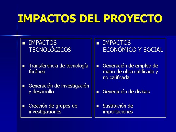 IMPACTOS DEL PROYECTO n IMPACTOS TECNOLÓGICOS n Transferencia de tecnología foránea n Generación de