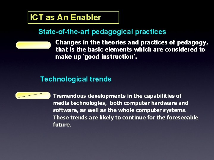 ICT as An Enabler State-of-the-art pedagogical practices Changes in theories and practices of pedagogy, ICT as An Enabler State-of-the-art pedagogical practices Changes in theories and practices of pedagogy,