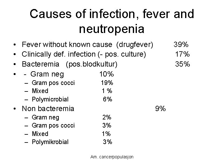 Causes of infection, fever and neutropenia • Fever without known cause (drugfever) • Clinically