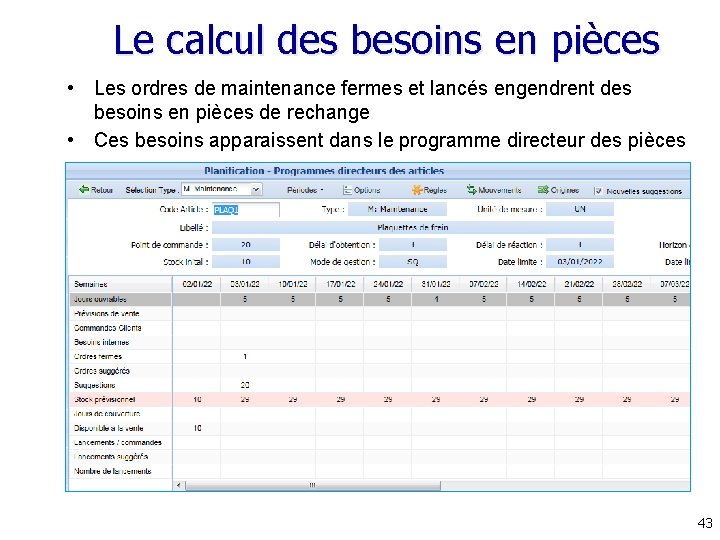 Le calcul des besoins en pièces • Les ordres de maintenance fermes et lancés Le calcul des besoins en pièces • Les ordres de maintenance fermes et lancés