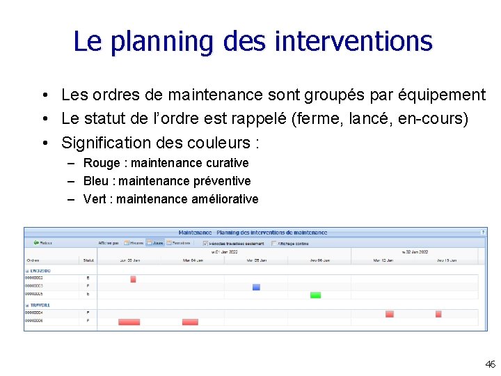 Le planning des interventions • Les ordres de maintenance sont groupés par équipement • Le planning des interventions • Les ordres de maintenance sont groupés par équipement •