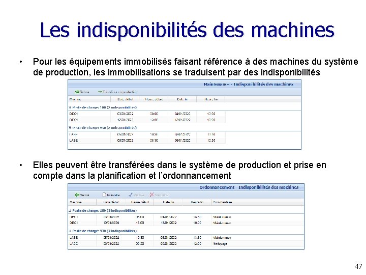 Les indisponibilités des machines • Pour les équipements immobilisés faisant référence à des machines Les indisponibilités des machines • Pour les équipements immobilisés faisant référence à des machines