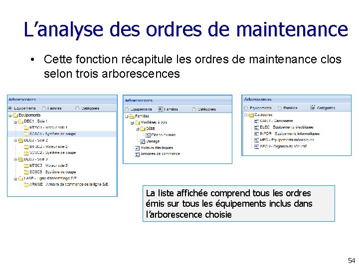 L’analyse des ordres de maintenance • Cette fonction récapitule les ordres de maintenance clos L’analyse des ordres de maintenance • Cette fonction récapitule les ordres de maintenance clos