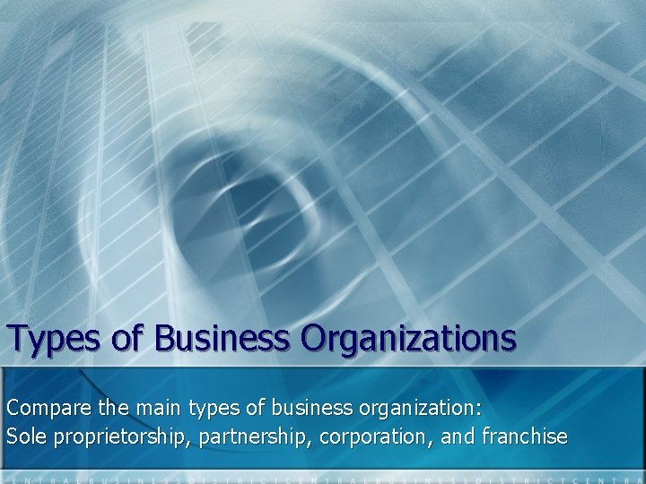 Types of Business Organizations Compare the main types of business organization: Sole proprietorship, partnership,