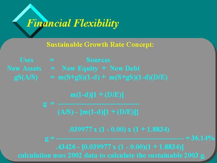 Financial Flexibility Sustainable Growth Rate Concept: Uses New Assets g. S(A/S) = Sources =