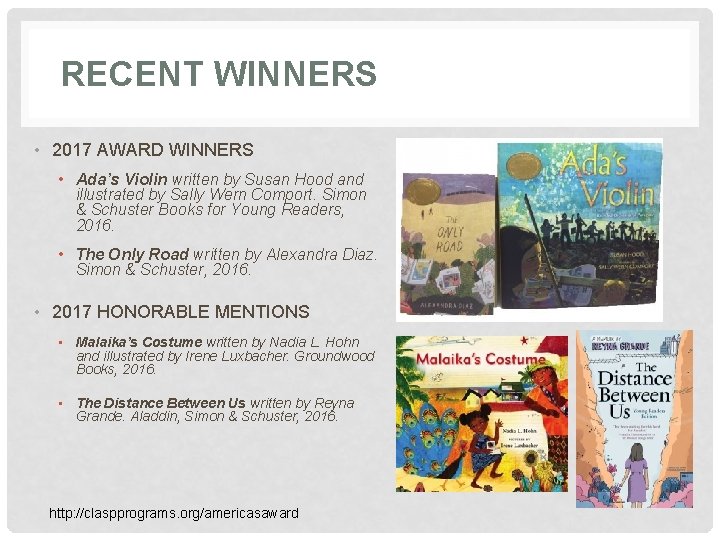RECENT WINNERS • 2017 AWARD WINNERS • Ada’s Violin written by Susan Hood and RECENT WINNERS • 2017 AWARD WINNERS • Ada’s Violin written by Susan Hood and