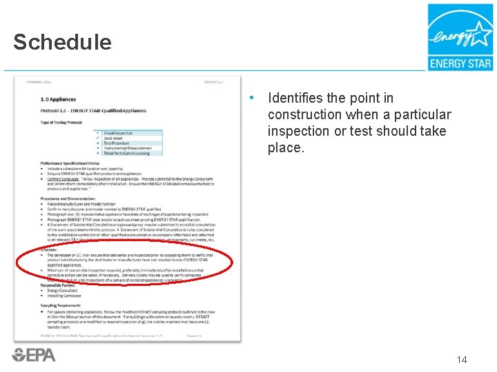 Schedule • Identifies the point in construction when a particular inspection or test should