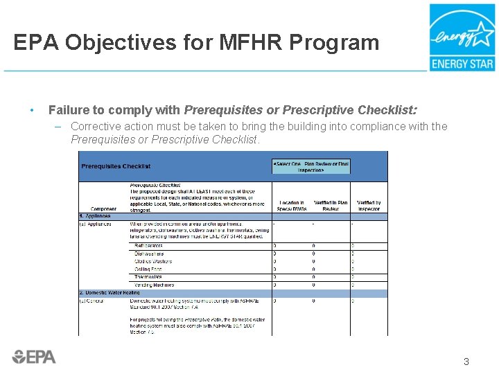 EPA Objectives for MFHR Program • Failure to comply with Prerequisites or Prescriptive Checklist: