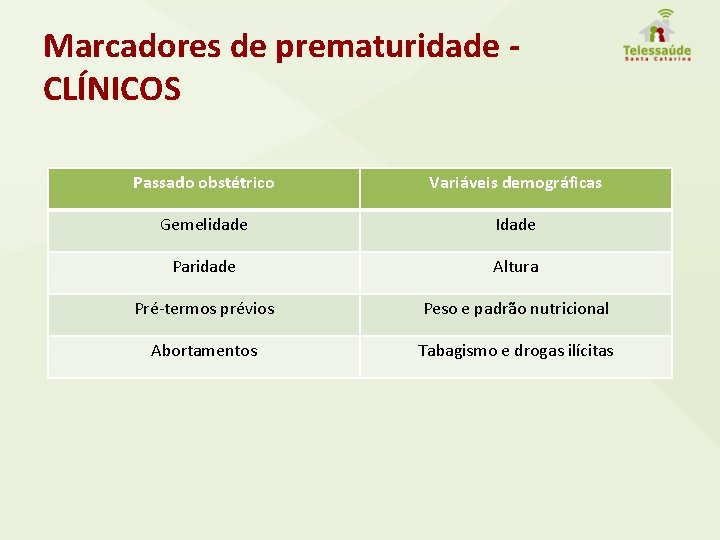 Marcadores de prematuridade CLÍNICOS Passado obstétrico Variáveis demográficas Gemelidade Idade Paridade Altura Pré-termos prévios