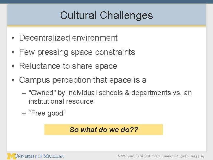 Cultural Challenges • Decentralized environment • Few pressing space constraints • Reluctance to share Cultural Challenges • Decentralized environment • Few pressing space constraints • Reluctance to share