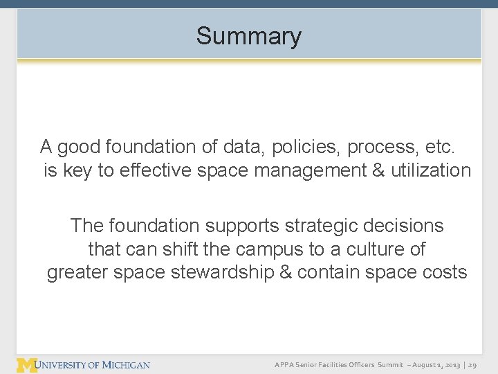 Summary A good foundation of data, policies, process, etc. is key to effective space Summary A good foundation of data, policies, process, etc. is key to effective space