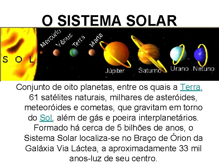 O SISTEMA SOLAR Conjunto de oito planetas, entre os quais a Terra, 61 satélites
