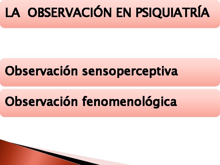 LA OBSERVACIÓN EN PSIQUIATRÍA Observación sensoperceptiva Observación fenomenológica 