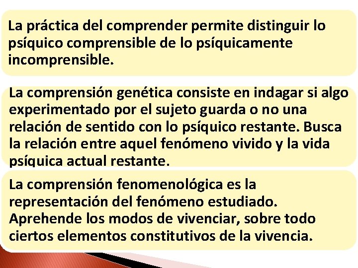 La práctica del comprender permite distinguir lo psíquico comprensible de lo psíquicamente incomprensible. La