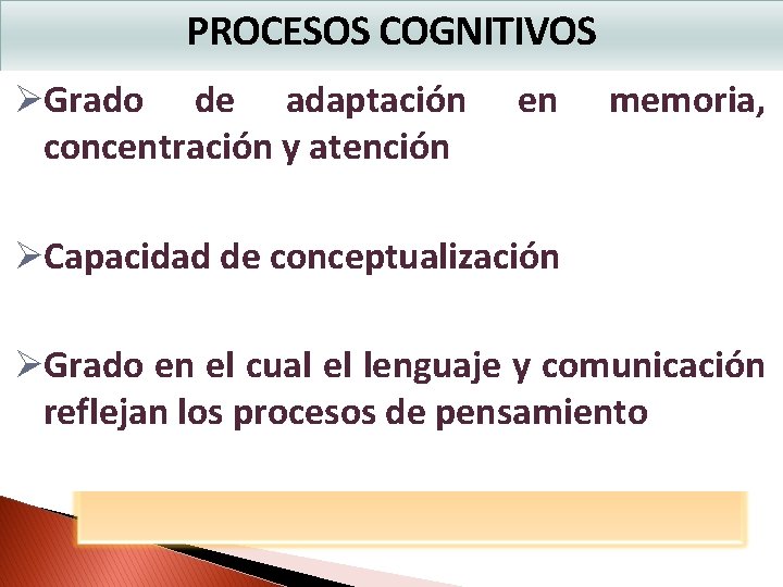 PROCESOS COGNITIVOS ØGrado de adaptación concentración y atención en memoria, ØCapacidad de conceptualización ØGrado