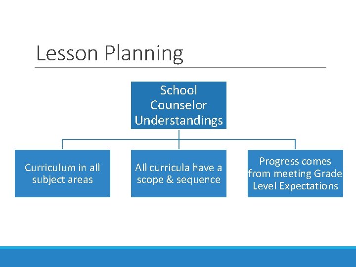 Lesson Planning School Counselor Understandings Curriculum in all subject areas All curricula have a