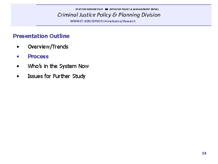  STATE OF CONNECTICUT OFFICE OF POLICY & MANAGEMENT (OPM) Criminal Justice Policy &