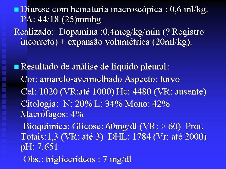 n Diurese com hematúria macroscópica : 0, 6 ml/kg. PA: 44/18 (25)mmhg Realizado: Dopamina