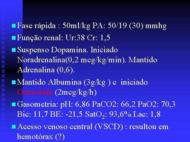 n Fase rápida : 50 ml/kg PA: 50/19 (30) mmhg n Função renal: Ur: