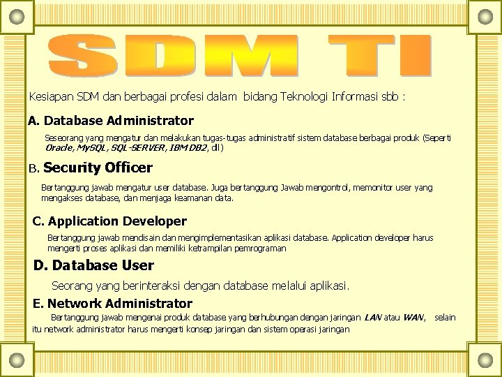 Kesiapan SDM dan berbagai profesi dalam bidang Teknologi Informasi sbb : A. Database Administrator