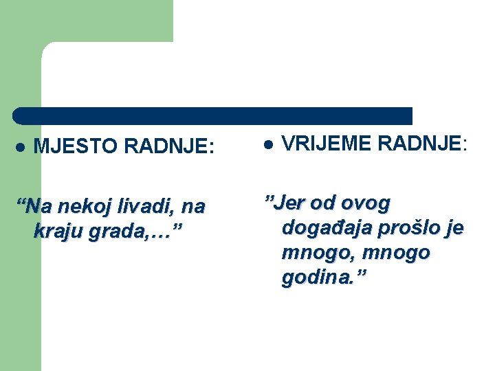 l MJESTO RADNJE: “Na nekoj livadi, na kraju grada, …” l VRIJEME RADNJE: ”Jer