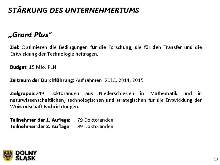 STÄRKUNG DES UNTERNEHMERTUMS , , Grant Plus” Ziel: Optimieren die Bedingungen für die Forschung,