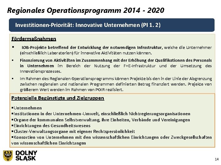 Regionales Operationsprogramm 2014 - 2020 Investitionen-Priorität: Innovative Unternehmen (PI 1. 2) Fördermaßnahmen § IOB-Projekte Regionales Operationsprogramm 2014 - 2020 Investitionen-Priorität: Innovative Unternehmen (PI 1. 2) Fördermaßnahmen § IOB-Projekte