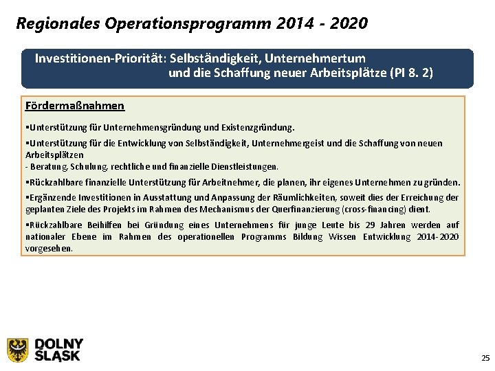 Regionales Operationsprogramm 2014 - 2020 Investitionen-Priorität: Selbständigkeit, Unternehmertum und die Schaffung neuer Arbeitsplätze (PI