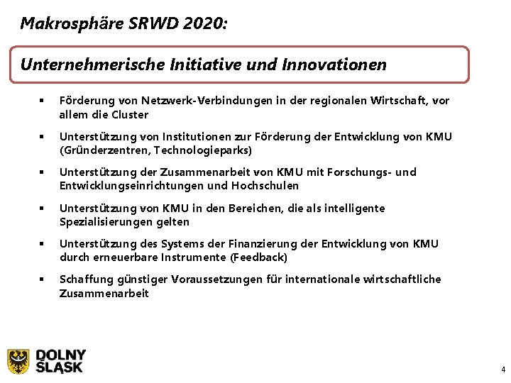 Makrosphäre SRWD 2020: Unternehmerische Initiative und Innovationen § Förderung von Netzwerk-Verbindungen in der regionalen