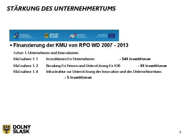 STÄRKUNG DES UNTERNEHMERTUMS § Finanzierung der KMU von RPO WD 2007 - 2013 Achse: