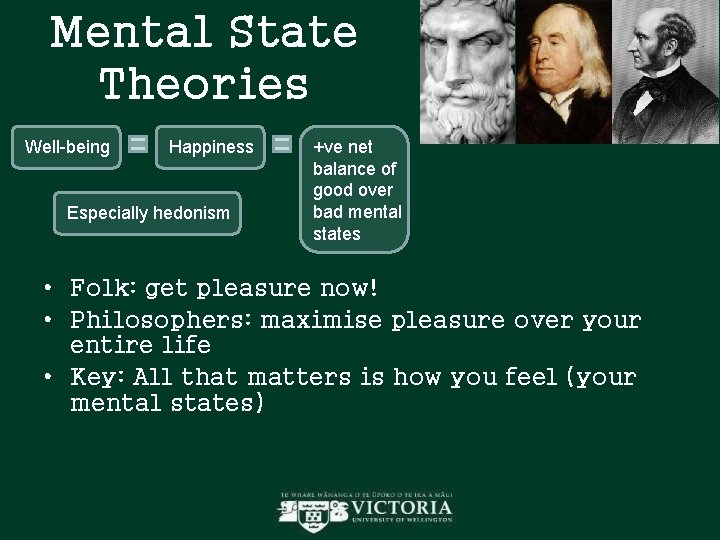Mental State Theories Well-being Happiness Especially hedonism +ve net balance of good over bad Mental State Theories Well-being Happiness Especially hedonism +ve net balance of good over bad