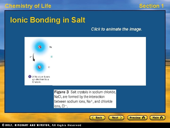 Chemistry of Life Section 1 Ionic Bonding in Salt Click to animate the image. Chemistry of Life Section 1 Ionic Bonding in Salt Click to animate the image.