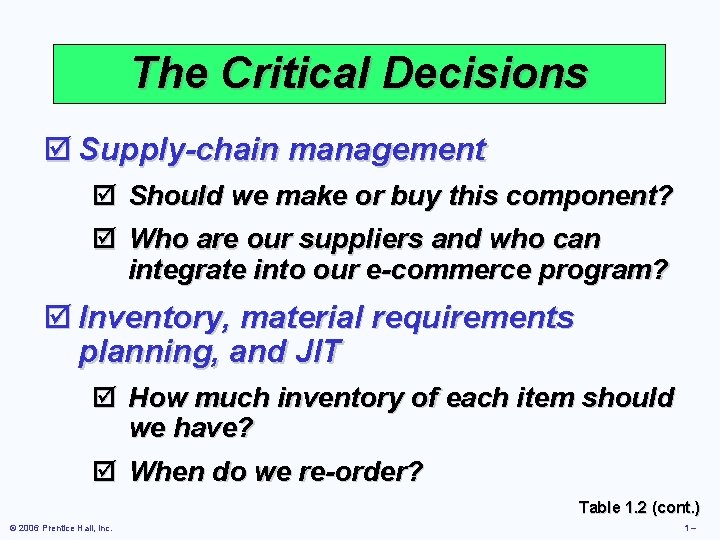 The Critical Decisions þ Supply-chain management þ Should we make or buy this component?