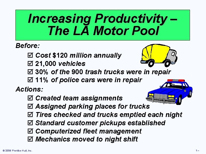 Increasing Productivity – The LA Motor Pool Before: þ Cost $120 million annually þ