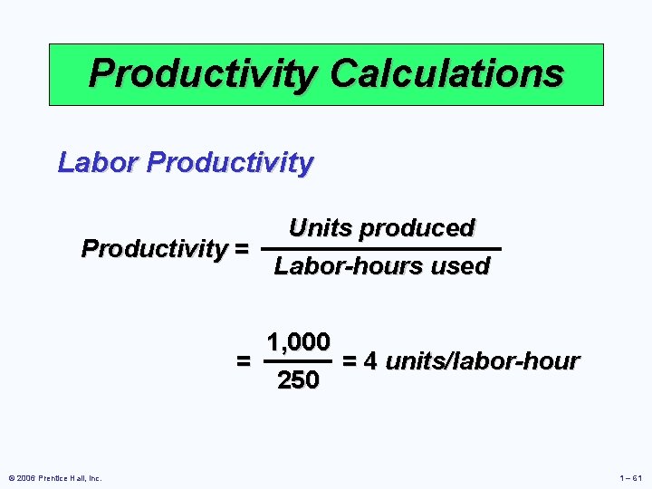 Productivity Calculations Labor Productivity Units produced Productivity = Labor-hours used 1, 000 = =