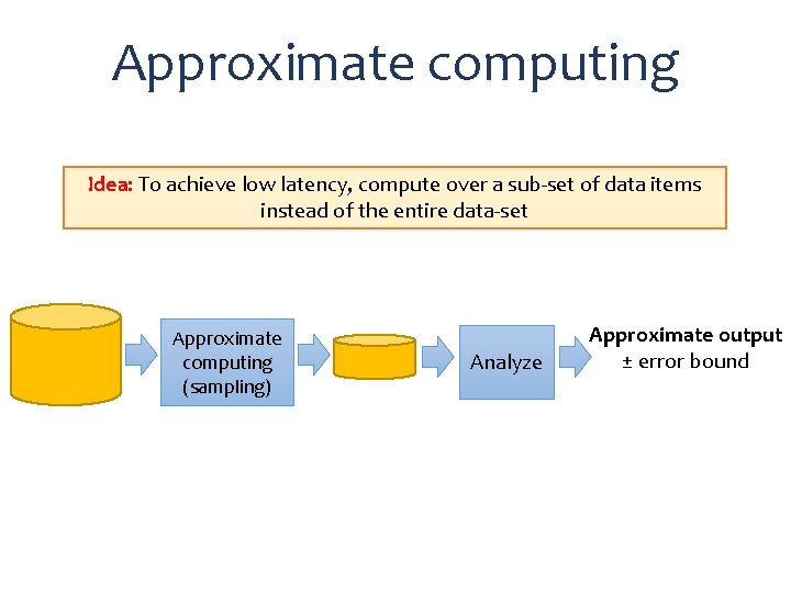 Approximate computing Idea: To achieve low latency, compute over a sub-set of data items