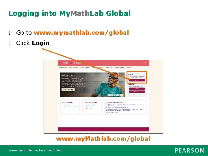 Logging into My. Math. Lab Global 1. Go to www. mymathlab. com/global 2. Click